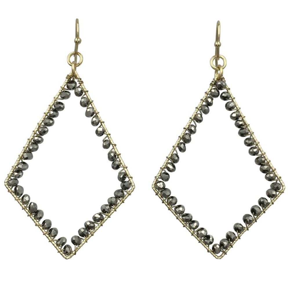 Hematite Grey Glass Bead Wrapped Dangle Earrings